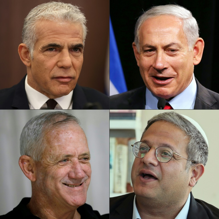صورة مركبة في 26 تشرين الأول/أكتوبر 2022 لرئيس الوزراء الإسرائيلي يائير لبيد (فوق الى اليسار) ورئيس الوزراء الأسبق بنيامين نتانياهو (فوق الى اليمين) ووزير الدفاع الإسرائيلي بيني غانتس (تحت الى اليسار) والنائب اليميني المتشدّد إيتمار بن غفير (تحت الى اليمين) (ا ف ب)