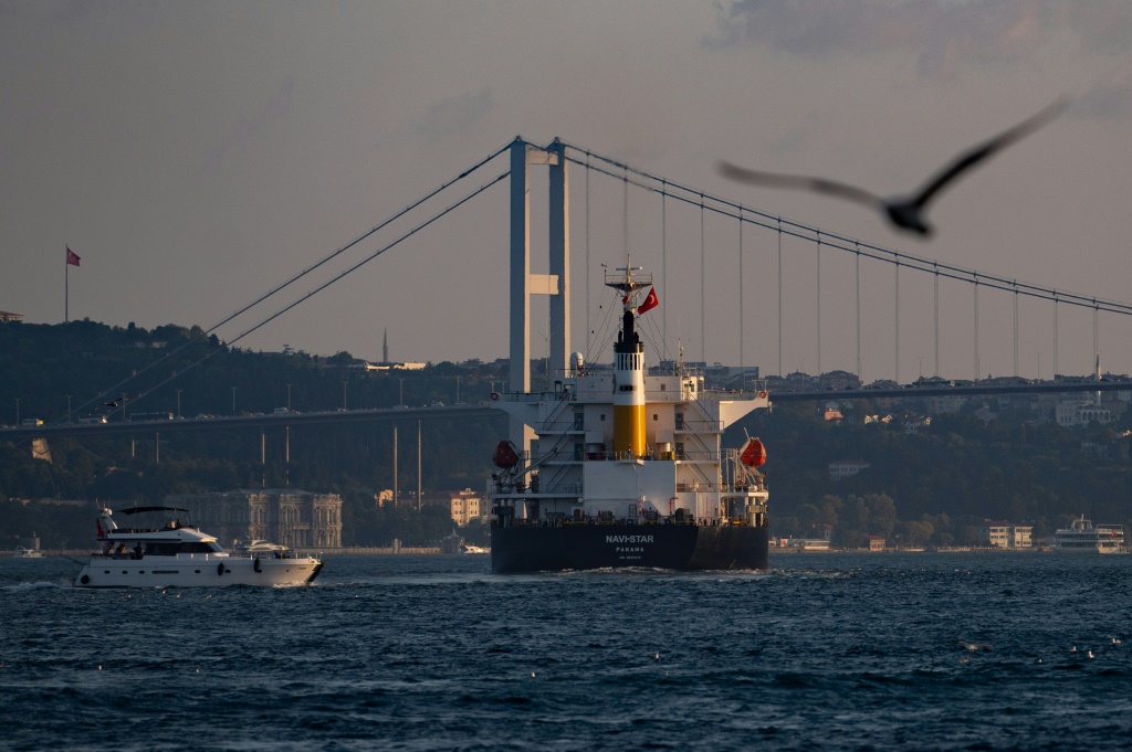    سفينة الشحن "نافي ستار" التي ترفع علم بنما تعبر مضيق البوسفور في اسطنبول في 7 آب/أغسطس 2022 حاملة أطنانا من الحبوب الأوكرانية (ا ف ب)