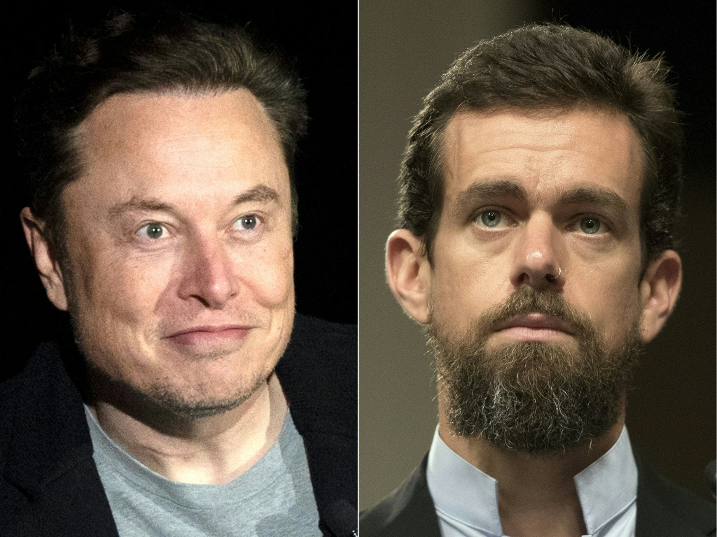 صورة مركّبة في 22 آب/أغسطس 2022 تُظهر إيلون ماسك (على اليسار) والمدير التنفيذي السابق لشركة "تويتر" جاك دورسي (على اليمين) (ا ف ب)