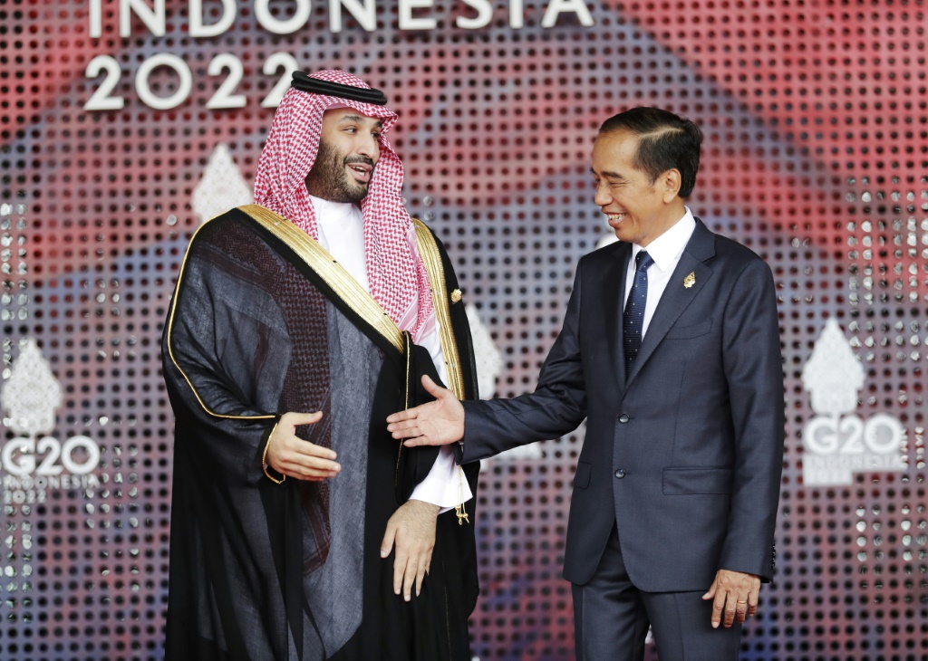 ولي العهد السعودي محمد بن سلمان (إلى اليسار) يلتقي بالرئيس الإندونيسي جوكو ويدودو في قمة قادة مجموعة العشرين في بالي بإندونيسيا. (أ ف ب)