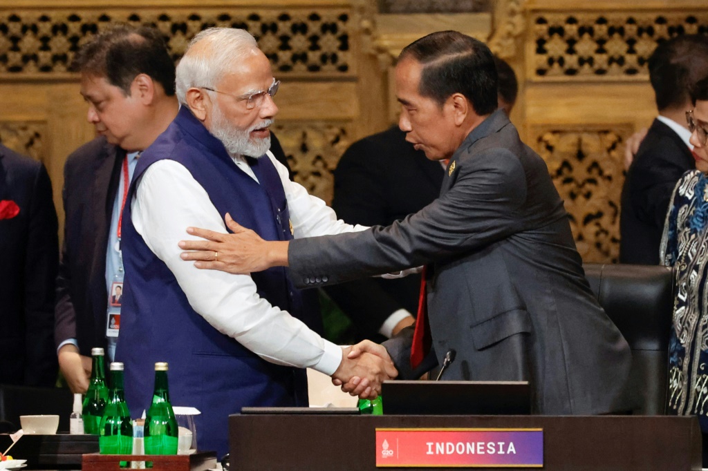 وسلم ويدودو كرسي مجموعة العشرين إلى الهند التي تستضيف القمة العام المقبل ، والتي تحافظ على علاقات اقتصادية قوية مع موسكو (أ ف ب)