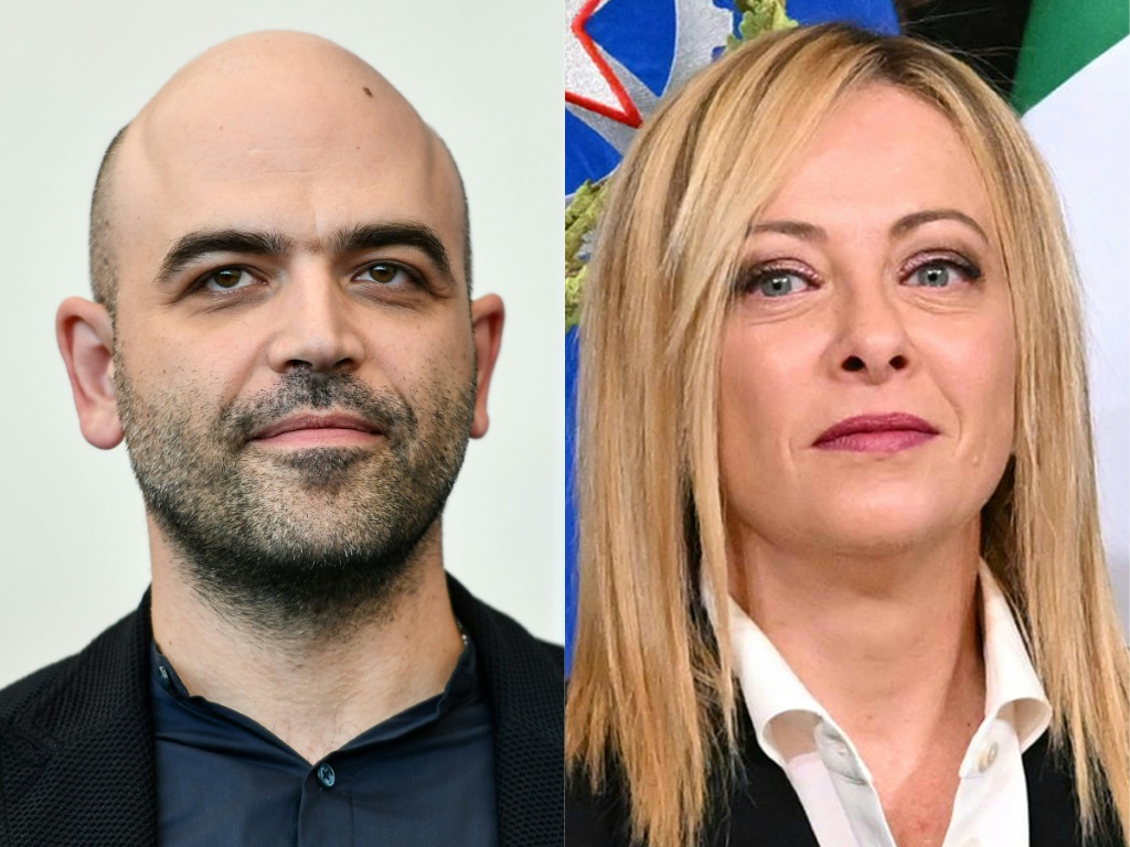 من اليمين إلى اليسار: رئيسة الحكومة الايطالية جورجيا ميلوني في 23 تشرين الأول/أكتوبر 2022 في روما، والكاتب والصحافي الايطالي روبرتو سافيانو في البندقية في الخامس من أيلول/سبتمبر 2019 (ا ف ب)
