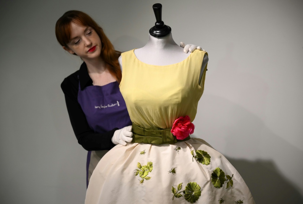 الفستان الذي ارتدته إليزابيث تايلور في حفلة توزيع جوائز الأوسكار عام 1961 معروض في لندن بتاريخ 25 تشرين الثاني/نوفمبر 2022 (ا ف ب)