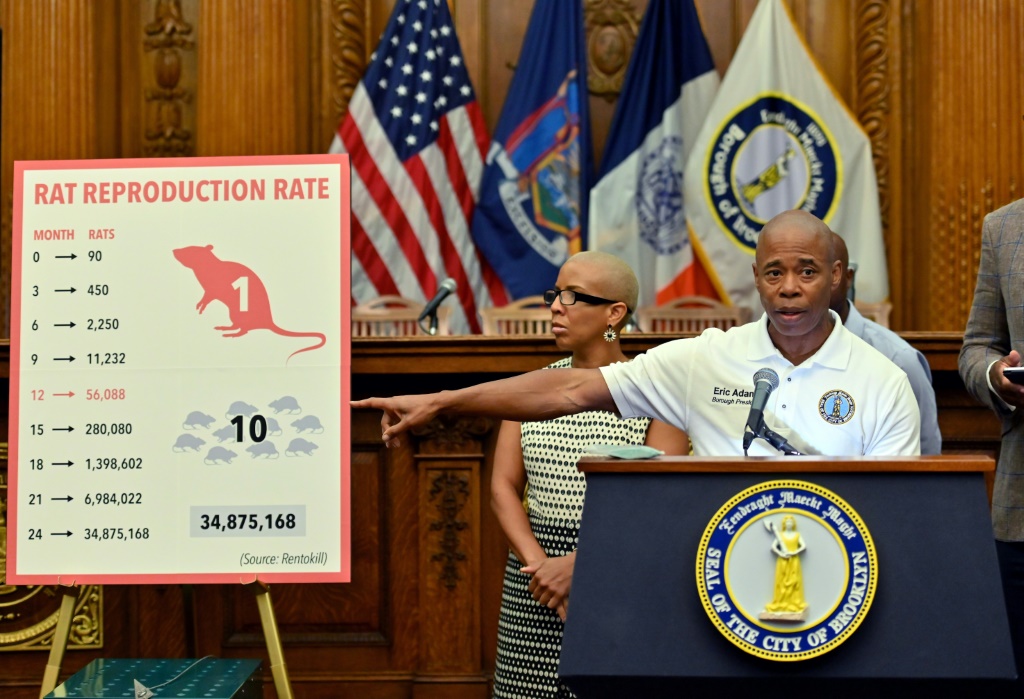 رئيس بلدية نيويورك إريك آدامز خلال عرض تقديمي عام 2019 عن إعدام الفئران في بروكلين (ا ف ب)