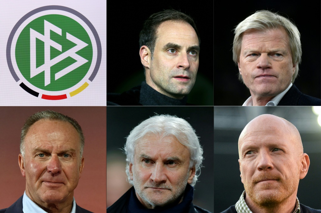    خمسة حكماء: (Top LR) Oliver Mintzlaff ، Oliver Kahn ؛ (الصف السفلي LR) كارل هاينز رومينيجه ورودي فولر وماتياس زامر (أ ف ب)