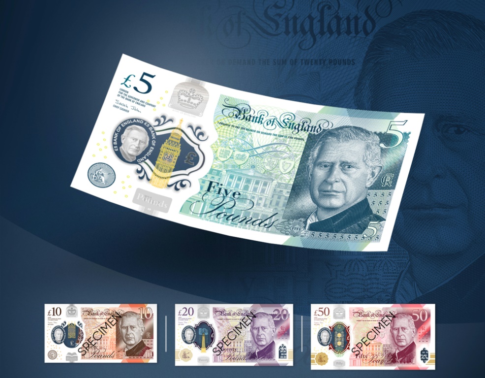    صورة وزّعها بنك إنكلترا في 19 ك1/ديسمبر 2022 تظهر تصاميم عملات ورقية جديدة من فئات 5و10 و20 و50 جنيهاًاسترلينياً عليها صورة الملك تشارلز الثالث. (ا ف ب)