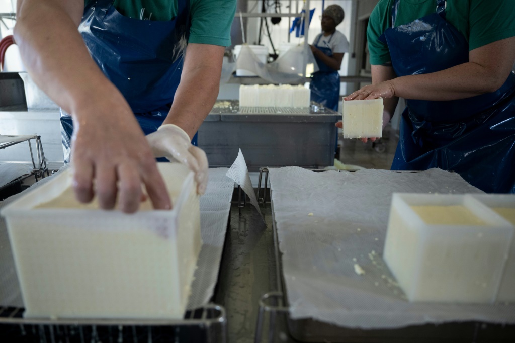 عاملان في معمل ميدو كريك للأجبان خلال تحضير الجبن في المصنع الواقع بمنطقة غالاكس بولاية فيرجينيا الأميركية في الخامس من تشرين الأول/أكتوبر 2022 (أ ف ب)   
