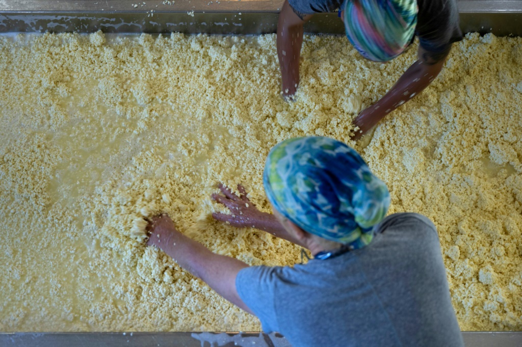 امرأتان تحضران الجبن في معمل ميدو كريك للحليب ومشتقاته في منطقة غالاكس بولاية فيرجينيا الأميركية في الخامس من تشرين الأول/أكتوبر 2022 (ا ف ب)
