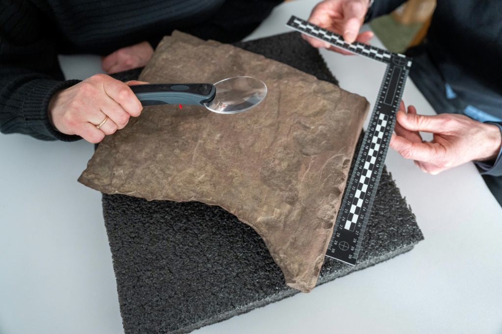 علماء آثار يعاينون ويقيسون في 17 كانون الثاني/يناير في العاصمة النروجية أوسلو حجراً يحمل نقوشاً بالكتابة الرونية حفرت عليه قبل نحو 2000 سنة (ا ف ب)