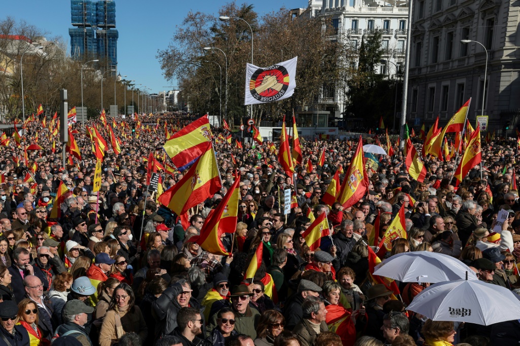    متظاهرون يلوحون بالأعلام الوطنية الإسبانية في احتجاج مدريد ضد الحكومة اليسارية الإسبانية (ا ف ب)