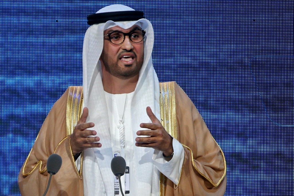 رئيس مؤتمر الأطراف حول المناخ (كوب28) الإماراتي سلطان الجابر رئيس شركة بترول أبوظبي في مؤتمر في العاصمة الإماراتية في 12 كانون الثاني/يناير 2023 (ا ف ب)