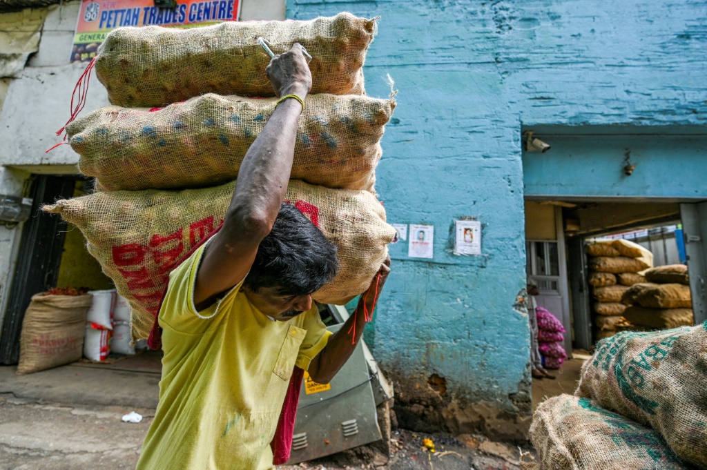    عامل ينقل أكياسًا من البطاطس في سوق في كولومبو منتصف تشرين الثاني/نوفمبر 2022 (ا ف ب)