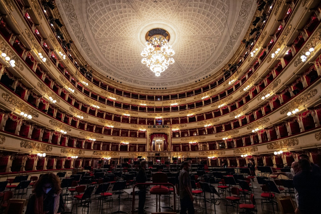 صالة مسرح "لا سكالا" في ميلانو كما بدت في 7 أيار/مايو 2021 قبل أحد التمارين (ا ف ب)