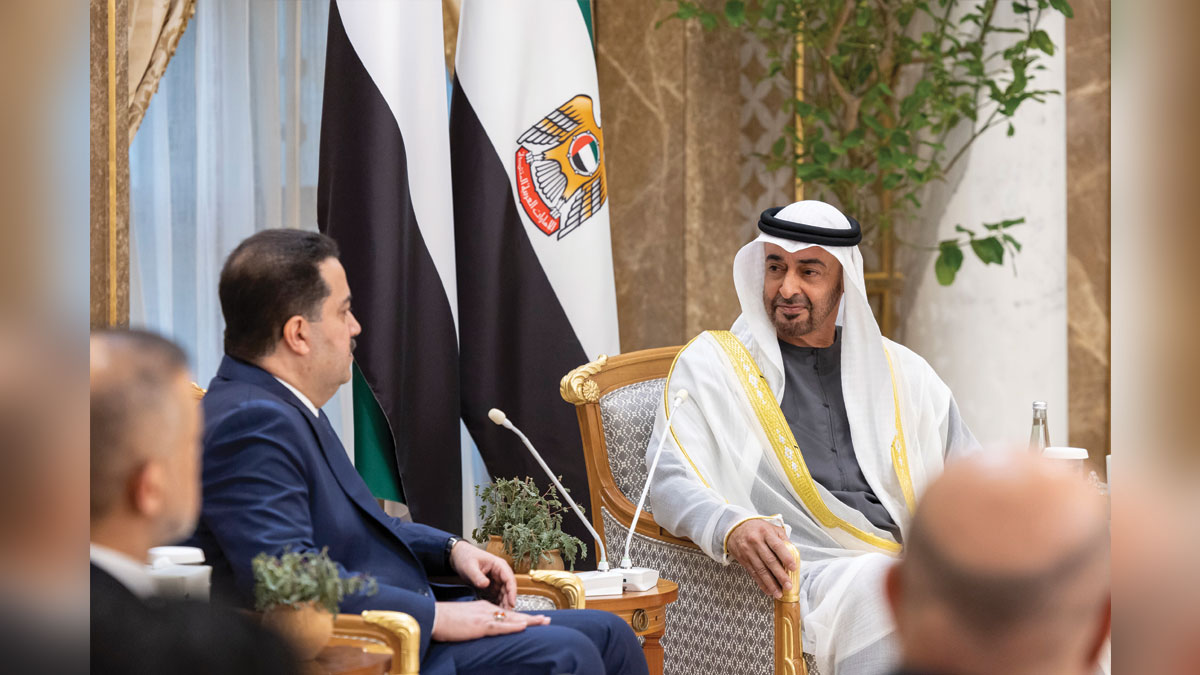 جانب من لقاء رئيس الوزراء العراقي محمد شياع السوداني و رئيس الإمارات الشيخ محمد بن زايد آل نهيان (وام)