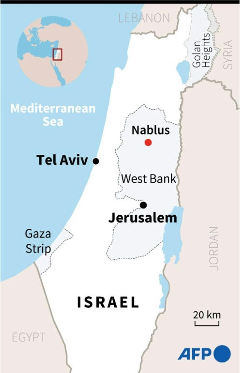   خريطة إسرائيل والأراضي الفلسطينية ، بما في ذلك مدينة نابلس بالضفة الغربية. (أ ف ب)
