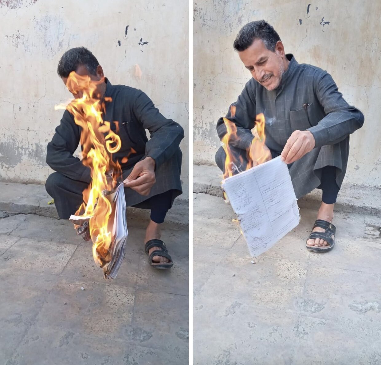 صاحب البقالة العراقي مؤيد الموزان يحرق دفتر ديون زبائنه (سوشيل ميديا)