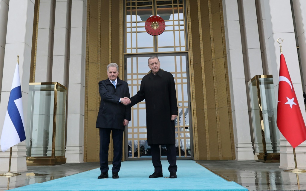 صورة مؤرخة في 17 آذار/مارس 2023 للرئيسين التركي رجب طيب إردوغان والفنلندي سولي نينيستو في القصر الرئاسي في أنقرة (ا ف ب)