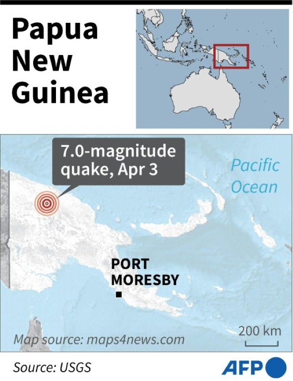 موقع الخريطة هو مركز الزلزال الذي بلغت قوته 7.0 درجات وضرب بابوا غينيا الجديدة يوم الاثنين (ا ف ب)