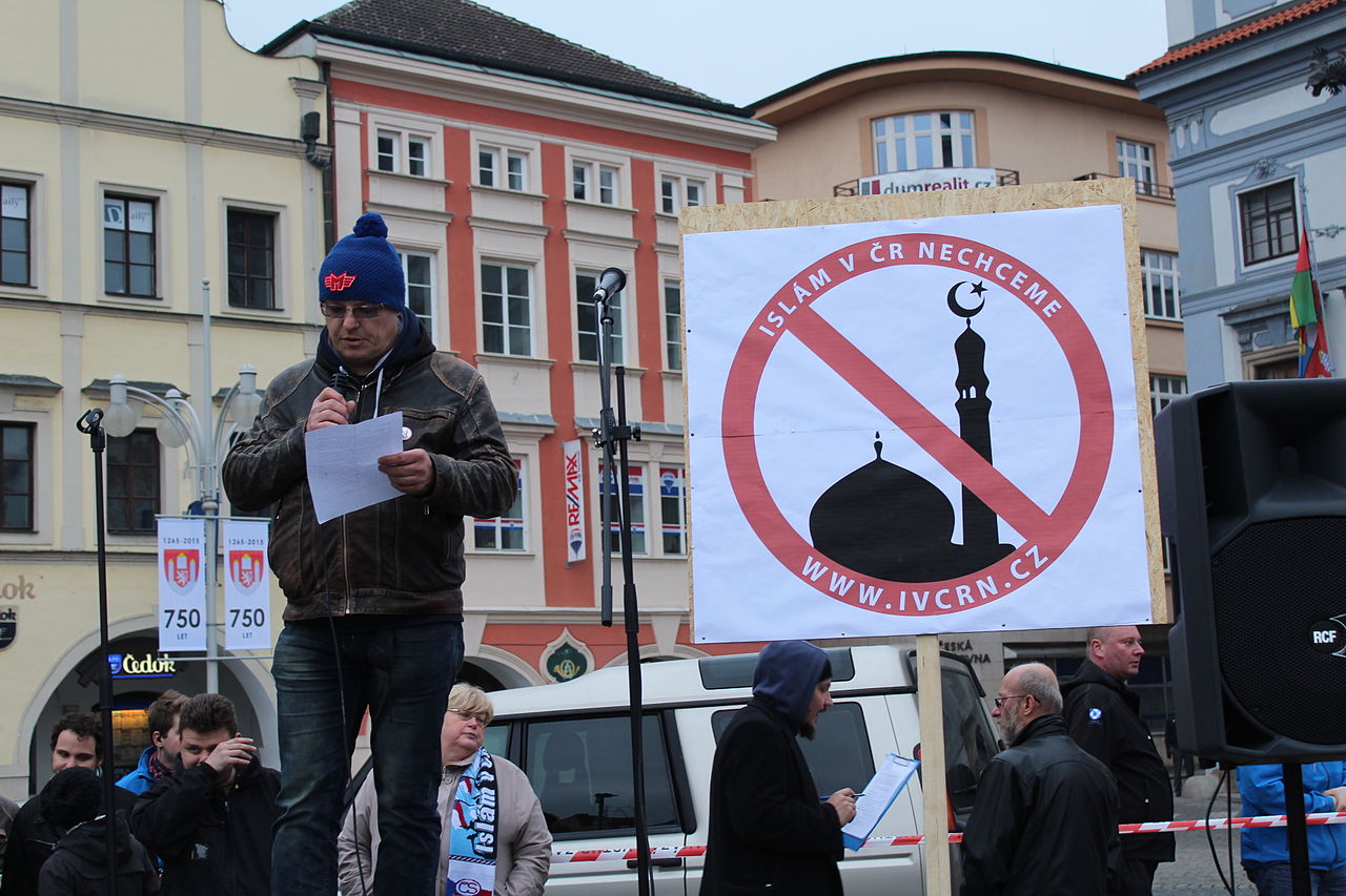 مظاهرة لا نريد الإسلام في جمهورية التشيك في 14 مارس 2015 في تشيسكي بوديوفيتش (ويكيبيديا)