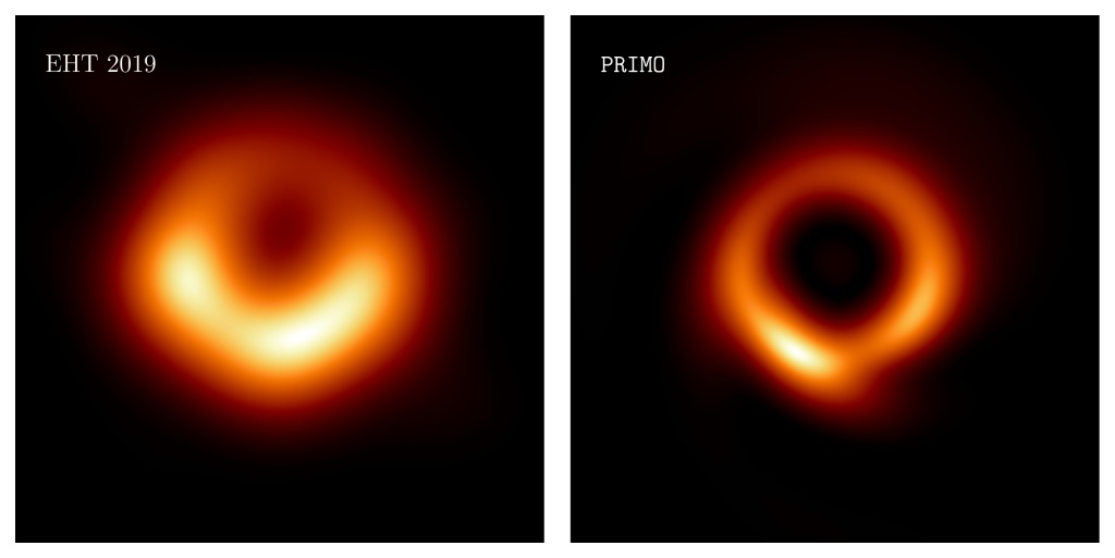 صورتان نشرهما معهد الدراسات المتقدمة (اي ايه اس) تظهران الثقب الأسود "ام 87*" في 2019 (على اليسار) وتلك المقدمة في 13 نيسان/ابريل 2023 (على اليمين) (ا ف ب)