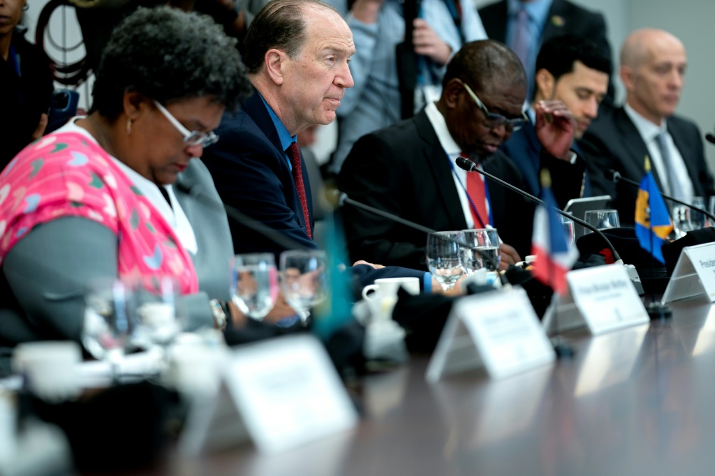 رئيس البنك الدولي ديفيد مالباس خلال طاولة مستديرة لتطوير المؤسسة المالية في واشنطن في 12 نيسان/ابريل 2023 (أ ف ب)