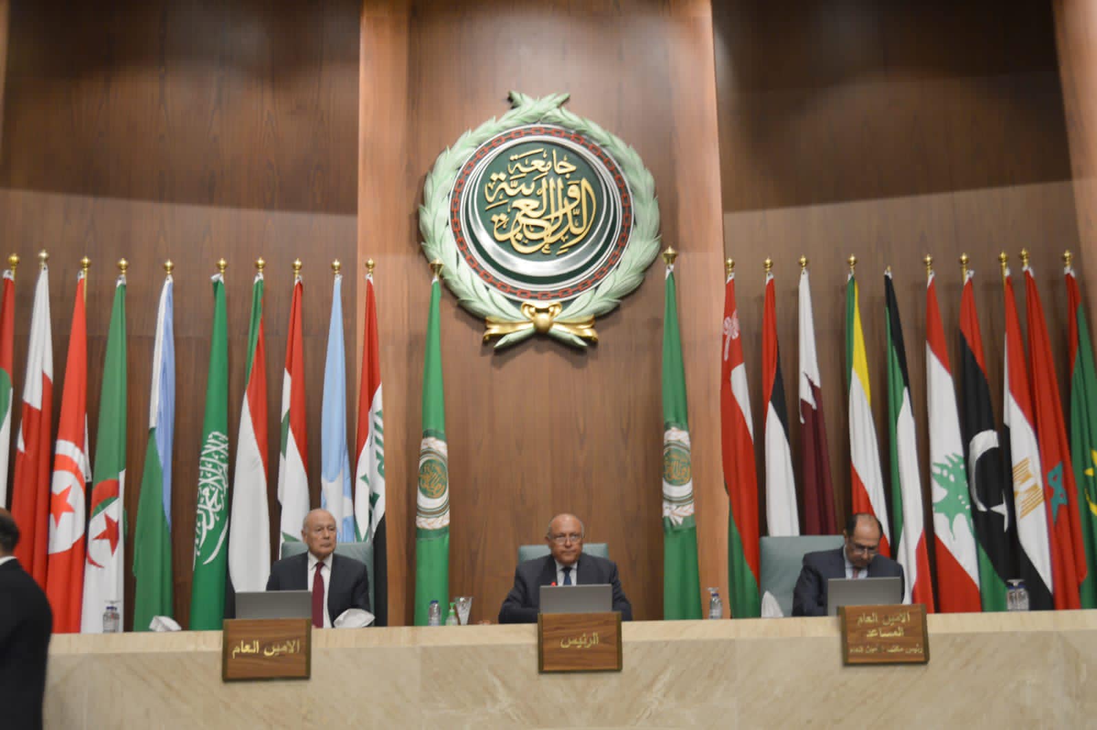 وزير الخارجية المصري سامح شكري خلال افتتاح اجتماع وزراء الخارجية العرب بجامعة الدول العربية لبحث الأزمة السورية (الخارجية المصرية)