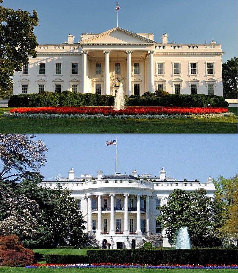 أعلى: الواجهة الشمالية للبيت الأبيض، أسفل: الواجهة الجنوبية للبيت الأبيض (ويكيبيديا)