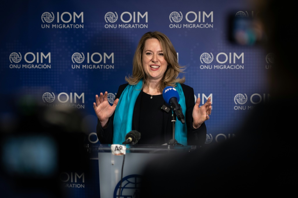        الرئيسة المقبلة للمنظمة الدولية للهجرة أيمي بوب في جنيف بتاريخ 15 أياير/مايو 2023 (أ ف ب)
