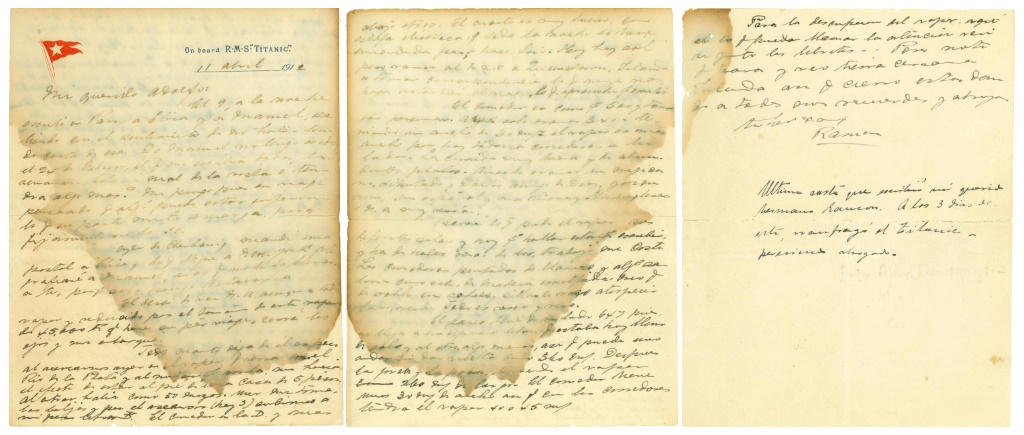 صورة التقطت في 20 حزيران/يونيو 2023 لرسالة مطروحة للبيع في مزاد في مونتيفيديو كتبها بخط اليد أحد ركاب السفينة "تايتانيك" قبل أيام قليلة من غرقها في 15 نيسان/أبريل 1912 (ا ف ب)