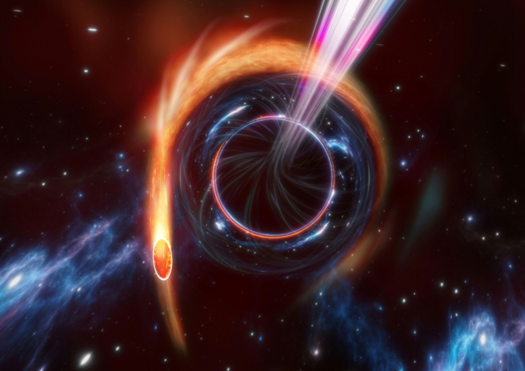صورة تعبيرية وفرتها مجلة "نيتشر" في 30 تشرين الثاني/نوفمبر 2022 لدفق ضوئي منبثق من ثقب أسود يبتلع نجماً (ا ف ب)