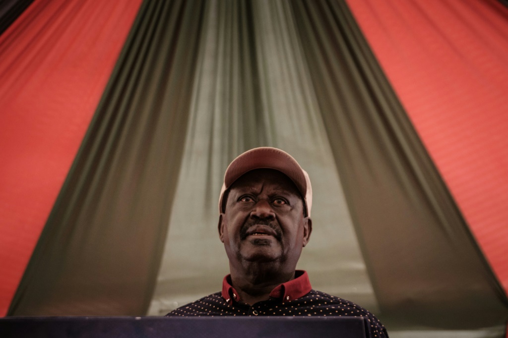 زعيم المعارضة الكينية رايلا أودينغا خلال تجمع في نيروبي في 28 آذار/مارس 2023 (ا ف ب)