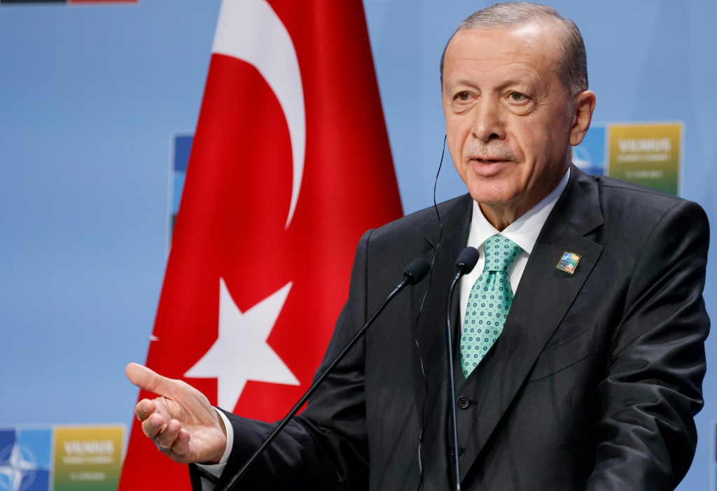 الرئيس التركي رجب طيب إدوغان في مؤتمر صحافي خال قمة حلف شمال الأطلسي في فيلينوس في 12 تموز/يوليو 2023 (أ ف ب)   