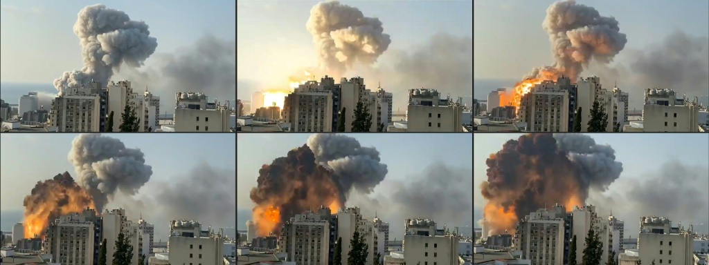 مجموعة صور توثّق لحظات عدة أثناء الانفجار المروع في مرفأ بيروت في الرابع من آب/أغسطس 2020 والذي اودى بحياة أكثر من 220 شخصاً وتسبب بإصابة أكثر من 6500 آخرين (ا ف ب)