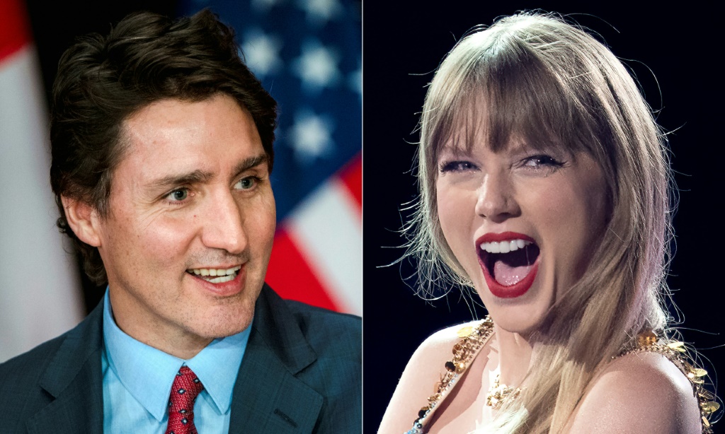 تركيب يجمع صورتين من الأرشيف لرئيس الوزراء الكندي جاستن ترودو والمغنية تايلور سويفت (ا ف ب)
