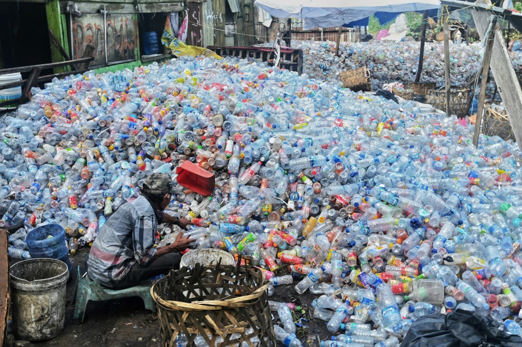 عامل يجمع العبوات البلاستيكية في مكب للنفايات في باندا آتشيه بإندونيسيا في 31 أيار/مايو 2022 (ا ف ب)