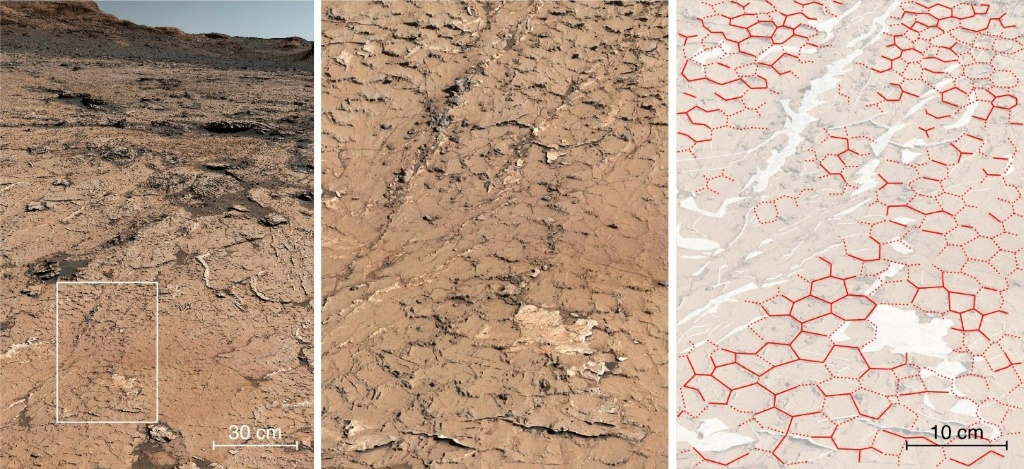 صورة وفرتها وكالة ناسا ومجلة نيتشر ووليام رابان تظهر الأشكال السداسية المُكتشفة على المريخ (أ ف ب)   
