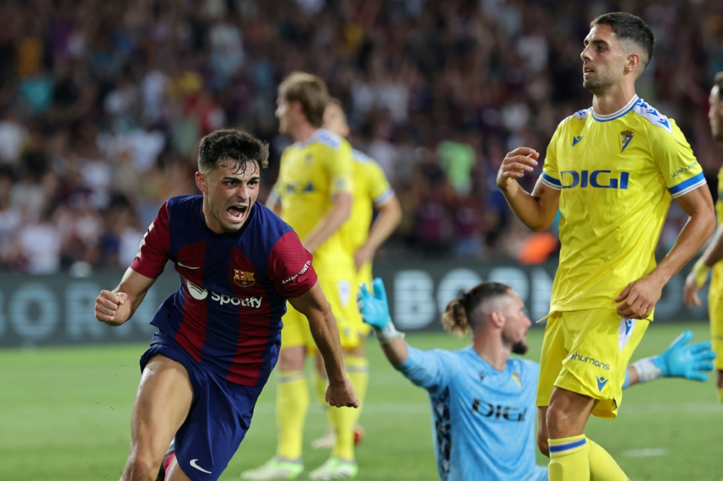 بيدري يحتفل بهدفه مع برشلونة ضد قادش على الملعب الاولمبي في برشلونة ضمن الدوري الاسباني لكرة القدم في 20 آب/أغسطس 2023 (ا ف ب)