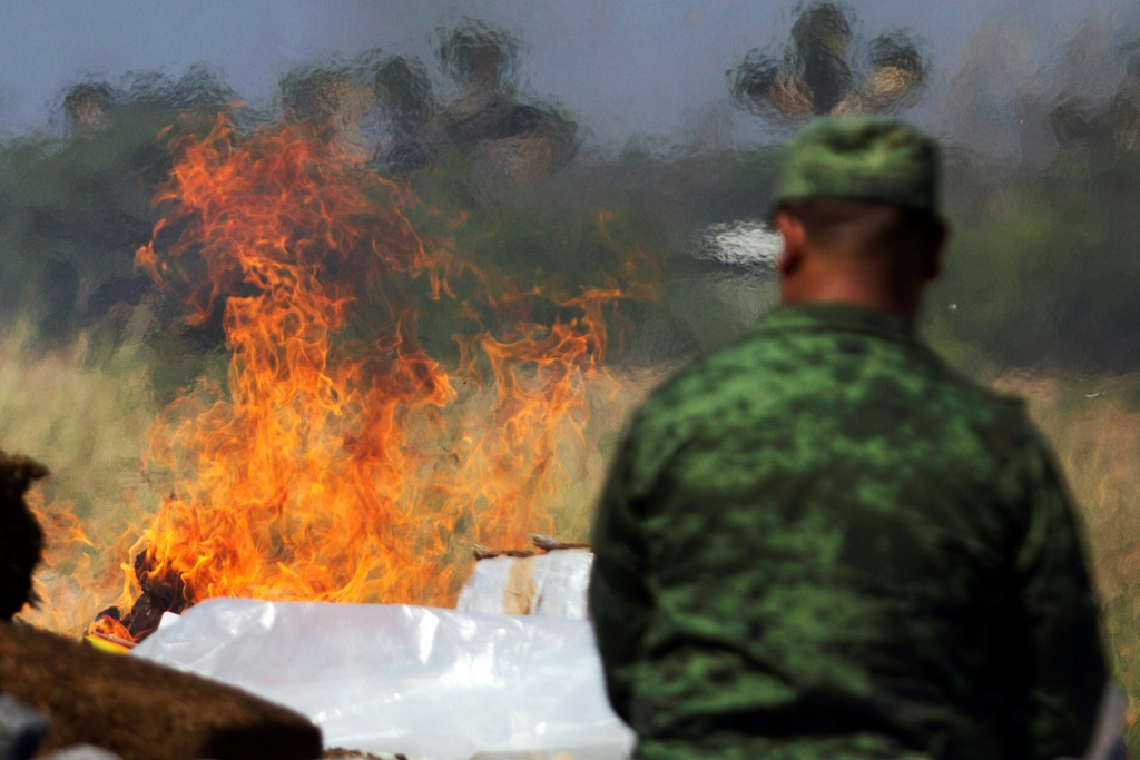 جندي مكسيكي يراقب احتراق أطنان من المخدرات المضبوطة في المكسيك، وهي نقطة دخول رئيسية للمخدرات إلى الولايات المتحدة حيث يفكر المرشحون الرئاسيون الجمهوريون في توجيه ضربات عسكرية إلى جارتها الجنوبية. (ا ف ب)   