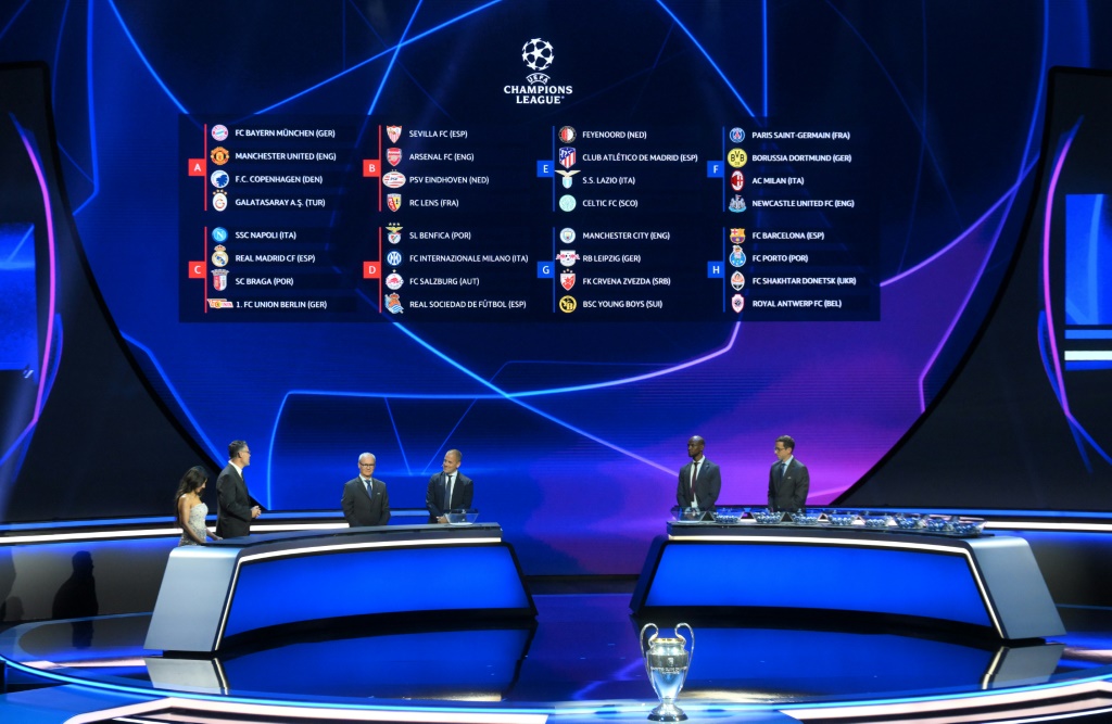 تُظهر هذه الصورة التي تم التقاطها في 31 آب/أغسطس 2023 قرعة دور المجموعات لدوري أبطال أوروبا لكرة القدم في حفل الذي اقيم في موناكو (ا ف ب)