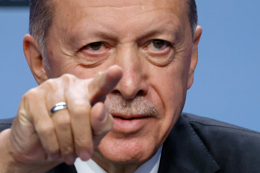 الرئيس التركي رجب طيب إردوغان في مؤتمر صحافي خلال قمة الناتو في فيلنيوس في 12 تموز/يوليو 2023 (أ ف ب)   