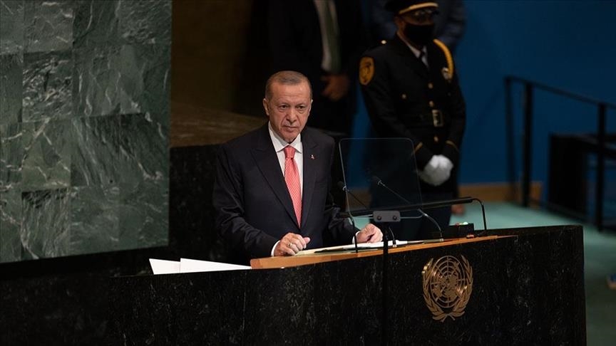 الرئيس التركي رجب طيب إردوغان خلال كلمته في «الأمم المتحدة» بنيويورك (الأناضول)