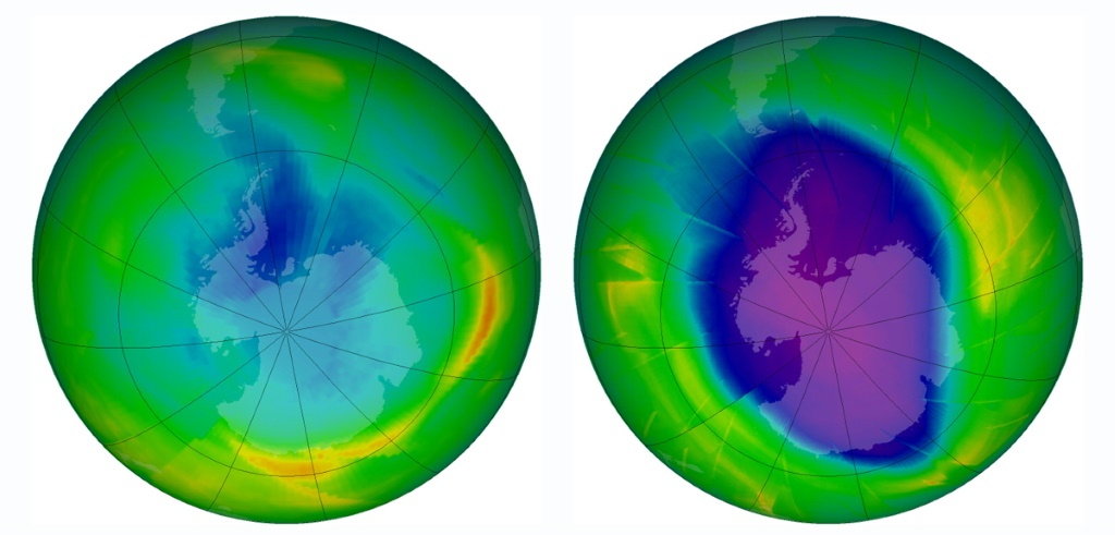  حجم وشكل ثقب الأوزون - المنطقة الزرقاء الداكنة والأرجوانية - فوق منطقة القطب الجنوبي في عام 1979 (L) وفي عام 2009 في اليوم الذي كان الثقب فيه أكبر. (ا ف ب)