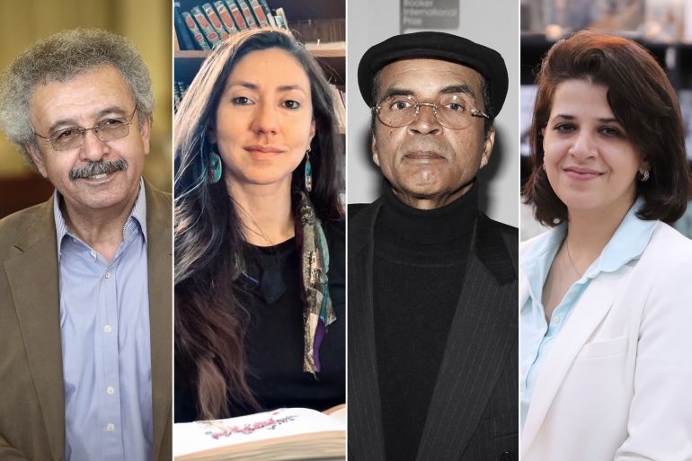 من اليمين: الروائية الكويتية بثينة العيسى،والأديب الليبي إبراهيم الكوني، والناقدة الأكاديمية هدى فخر الدين، والروائي الفلسطيني إبراهيم نصر الله (الجزيرة)