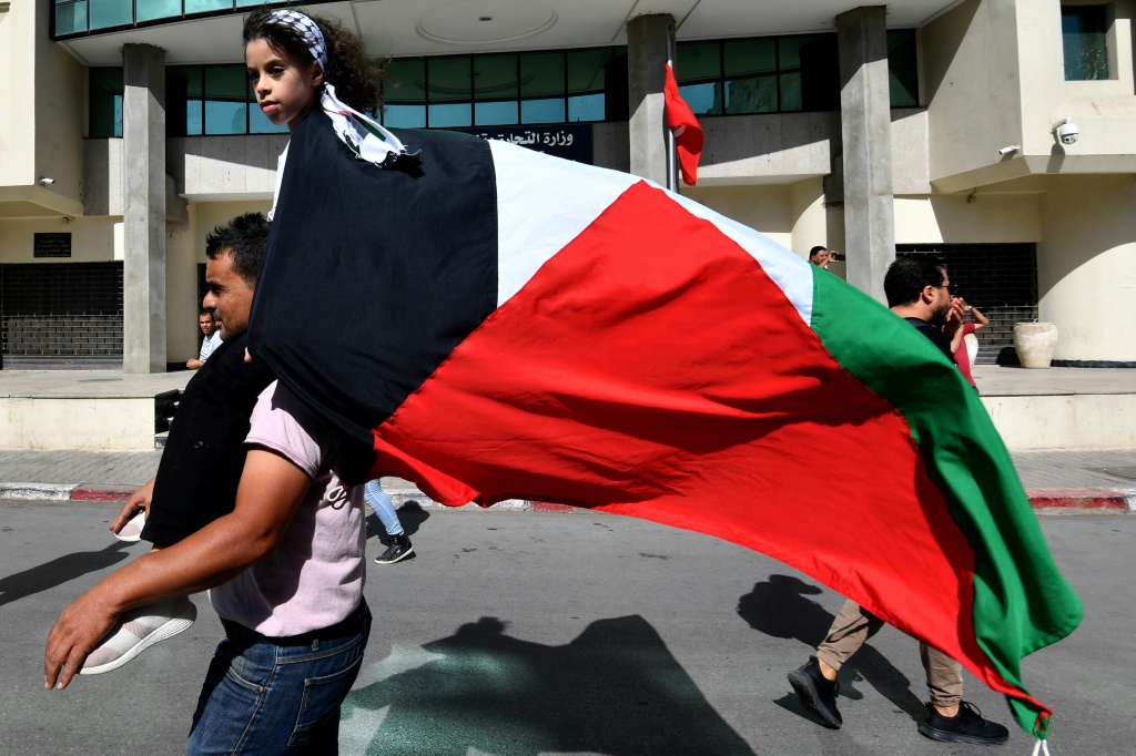 متظاهرون يلوحون بالعلم الفلسطيني تضامنا مع غزة في شوارع العاصمة التونسية في 21 تشرين الاول/اكتوبر 2023. (ا ف ب) 