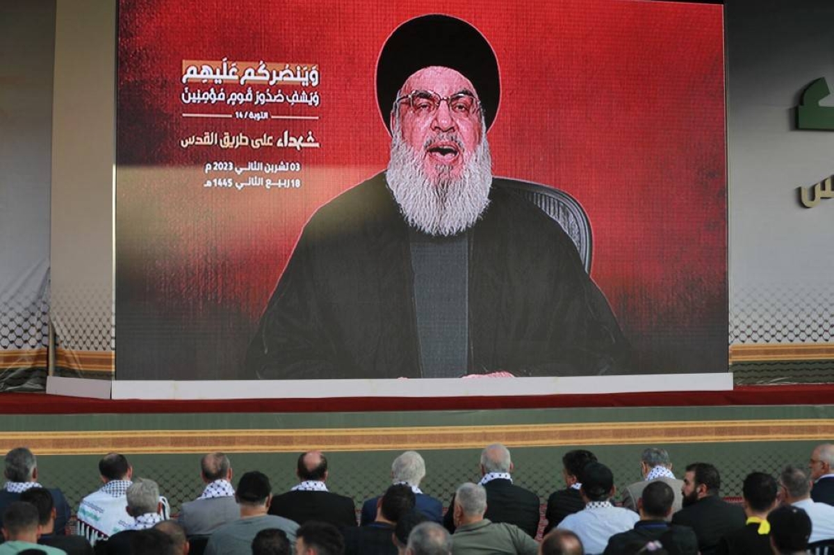 زعيم حزب الله حسن نصر الله يلقي خطابه الأول منذ اندلاع حرب غزة قبل ما يقرب من أربعة أسابيع (أ ف ب)