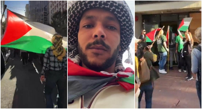 شارك مغني الراب المصري ويجز في مظاهرات داعمة لفلسطين يوم الأحد 12 نوفمبر في مدينة سان فرانسيسكو بولاية كاليفورنيا الأمريكية (مواقع التواصل) 