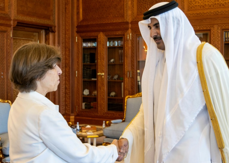 أمير قطر الشيخ تميم بن حمد آل ثاني مستقبلاً وزيرة الخارجية الفرنسية كاترين كولونا في القصر الأميري في الدوحة في 5نوفمبر2023 (أ ف ب)
