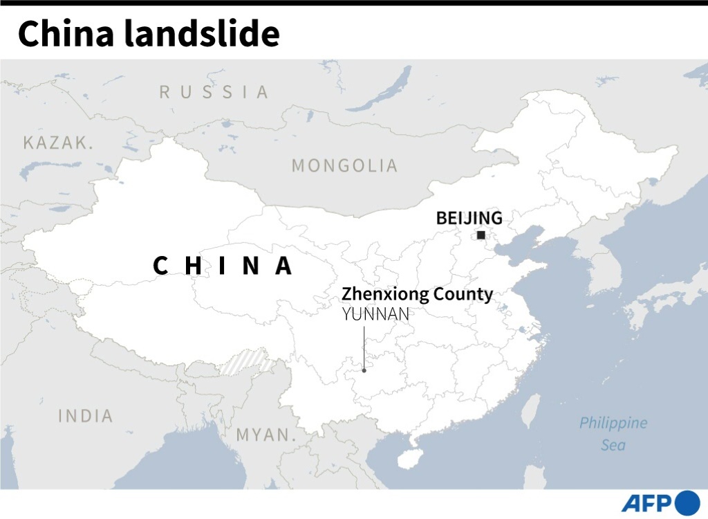 خريطة للصين تحدد موقع مقاطعة تشنشيونغ في مقاطعة يوننان بجنوب غرب البلاد حيث دفن عشرات الأشخاص في انهيار أرضي يوم الاثنين. (ا ف ب)
