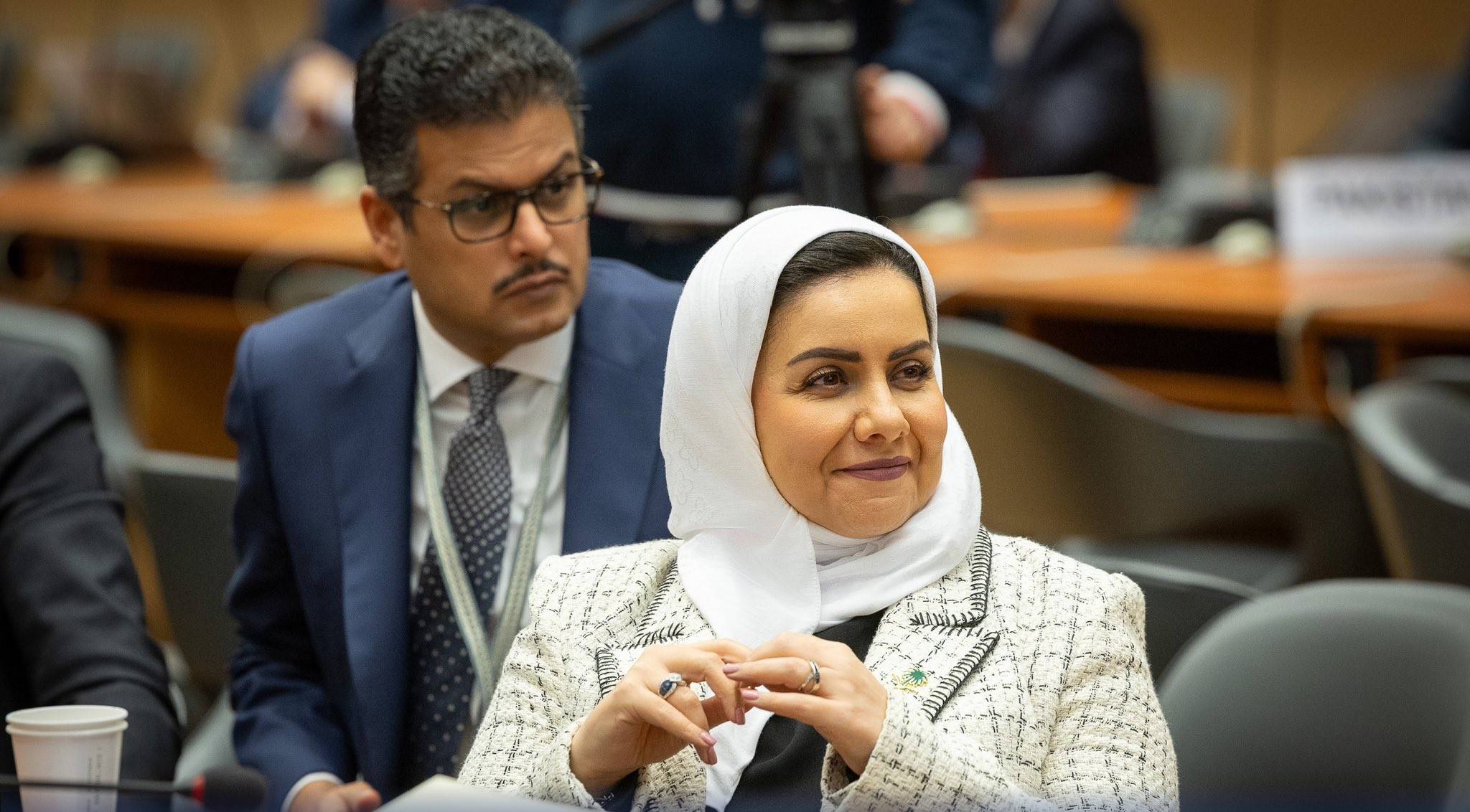 د. هلا التويجري رئيسة هيئة حقوق الإنسان في السعودية خلال جلسة نقاش في مقر الأمم المتحدة بجنيف (هيئة حقوق الإنسان)