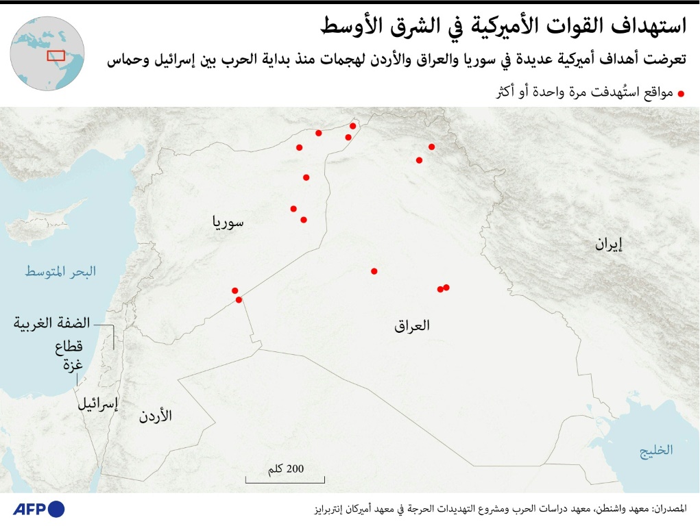 خريطة تحدد مواقع استهداف القوات الأميركية في الشرق الأوسط (ا ف ب)
